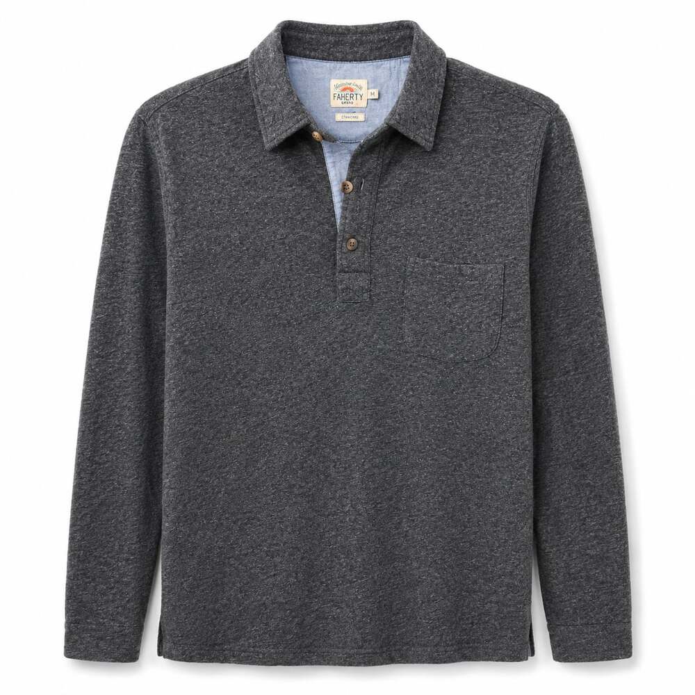 Faherty Brand Long Sleeve Organic Cotton Polo Shirt Charcoal Grey Size M
